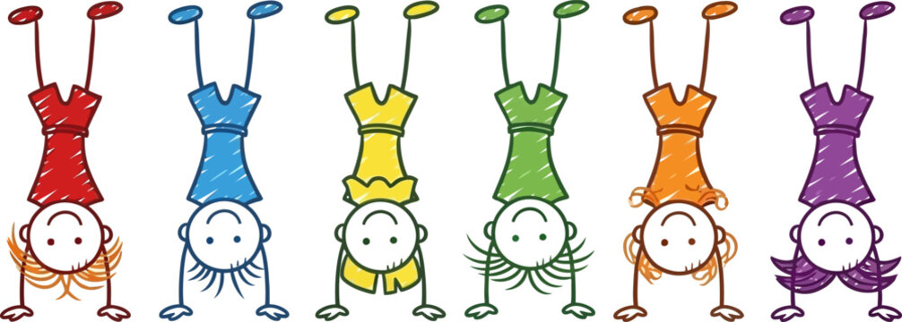 Playful hand drawn colorful stick figure children doing handstands in a row vector illustration for school education and childhood concepts