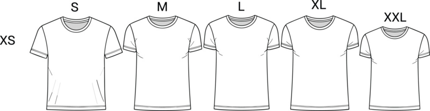 Vector t-shirt template set featuring size grading from XS to XXL for apparel manufacturing and retail fit guides