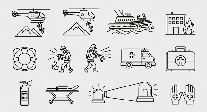 Emergency Services Icons Set Rescue Operations And Safety Equipment.