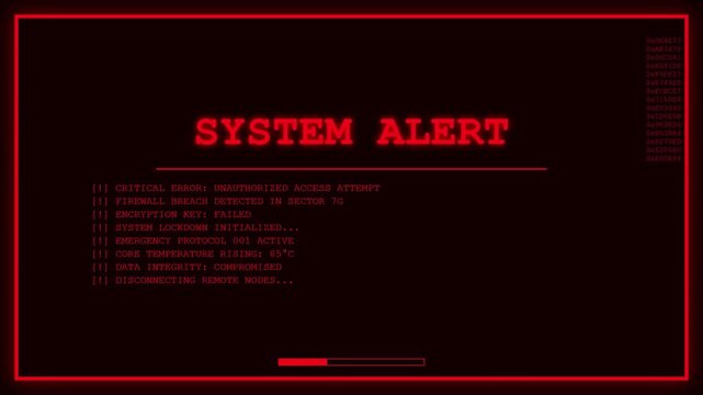 Red System Alert Screen with Critical Error Unauthorized Access Attempt Message and Firewall Breach HUD Graphics.