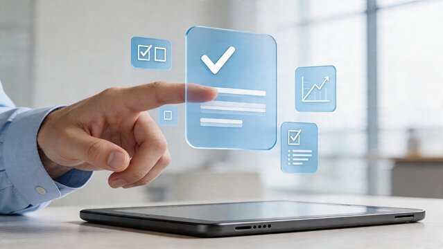 Businessman tapping selecting future hologram interface with checkmark icon verifying data process on tablet computer screen at modern office desk Concept of digital technology