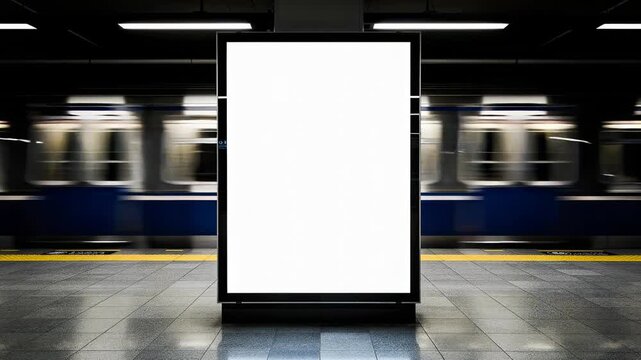 Blank advertising billboard in underground subway station with moving train in background urban transportation