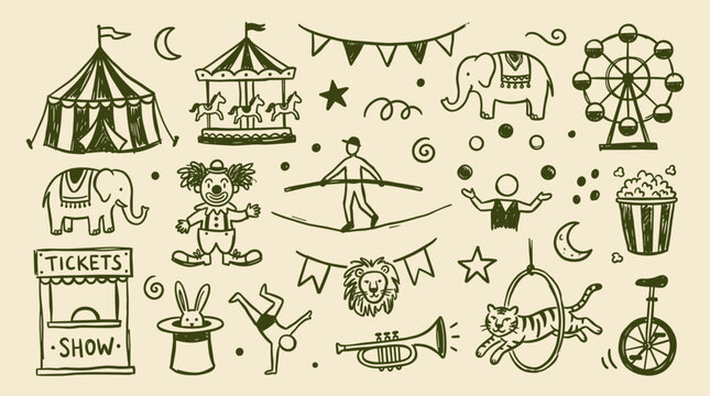 Vintage Circus Collection Hand Drawn Icons Featuring Tent Carousel Ferris Wheel Animals Performers and Entertainment Elements