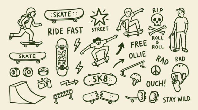 Doodle illustration of skateboarding elements, characters, and action words, representing urban sports and active lifestyle