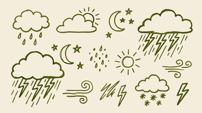 Hand drawn weather icons representing sun moon clouds rain lightning wind and stars on a cream background