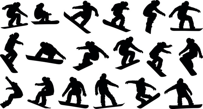 Snowboarders in motion a collection of silhouetted action poses