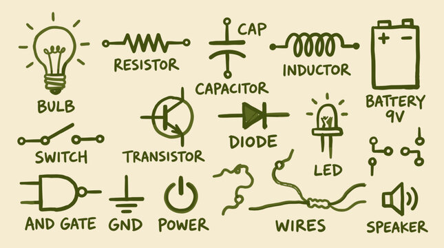 Hand drawn electronic circuit components and symbols for schematic diagrams educational illustration
