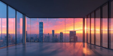 Fototapeta premium Modern empty office interior with panoramic city skyline view at sunset showcasing vibrant colors reflecting on glass windows