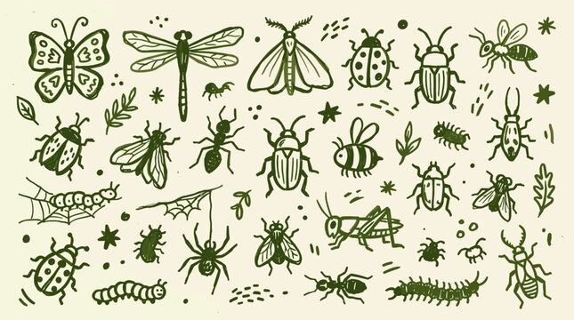 Collection of Hand Drawn Insects and Bugs in a Whimsical Sketchy Style on a Textured Background