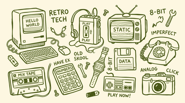 Retro technology collection with vintage computer, cassette tape, floppy disk, game controller, and old phone, celebrating nostalgia and old school computing