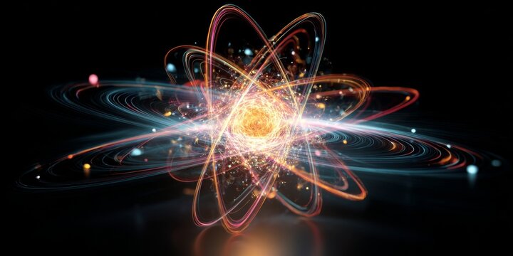 Stunning Visualization of Atomic Structure with Energetic Particles and Bright Colorful Orbits against a Black Background for Scientific Illustration