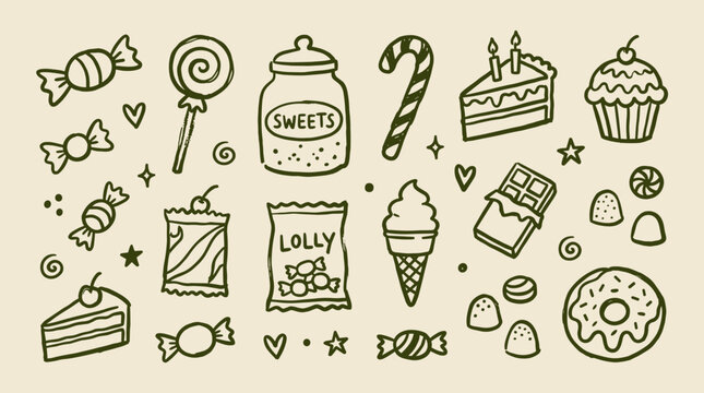 Hand drawn collection of sweets and candies in doodle style, isolated on a light background, perfect for confectionery and party themes