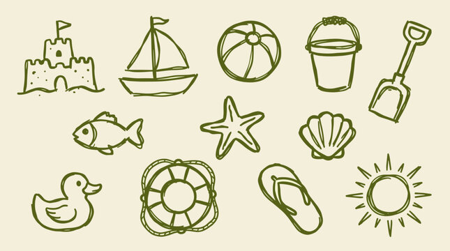 Charming hand drawn summer beach vacation icons and symbols for kids including sandcastle sailboat beach ball bucket shovel fish starfish shell duck lifebuoy flip flop and sun