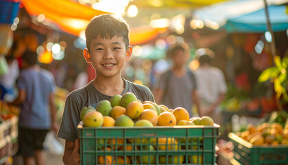 Fototapeta premium Young Male Vendor Carrying Green Plastic Crate full of Fresh Mangoes in a Bright Sunlit Crowded Market