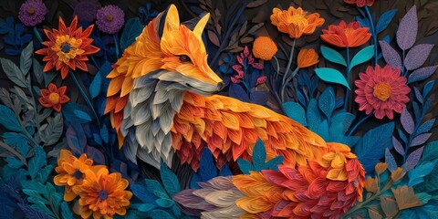 Fototapeta premium Vibrant and Colorful Paper Art of a Fox Surrounded by Lush Floral Designs in a Whimsical Nature Scene