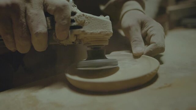 Close-up of Carpenter Sanding Wood with Electric Power Tool