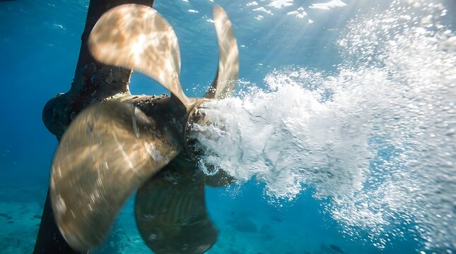 Underwater close-up of a ship propeller spinning and creating bubbles in clear blue ocean water illustrating marine propulsion technology