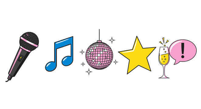 Fun party icons microphone note disco ball star champagne speech bubble