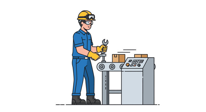 Factory worker adjusting machinery on production line with boxes and equipment