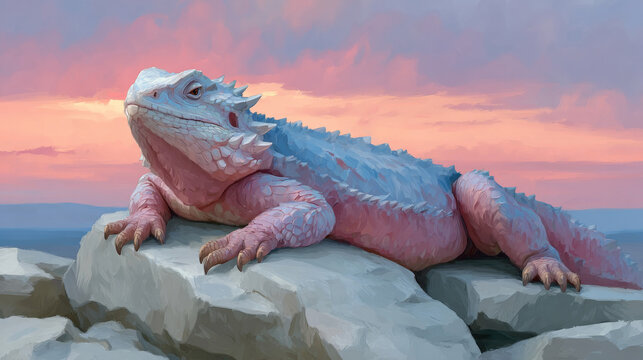 Digital illustration of a large white and pink lizard resting on a grey rock. The lizard features spiked scales and sits against a soft sunset sky with purple and orange clouds.
