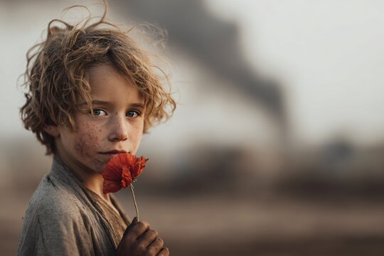 Emotional portrait of a child holding a flower in an industrial landscape capturing bittersweet innocence