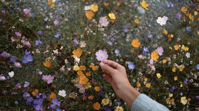 Hand reaching for wildflower nature field overhead shot colorful bloom tranquil environment serenity concept