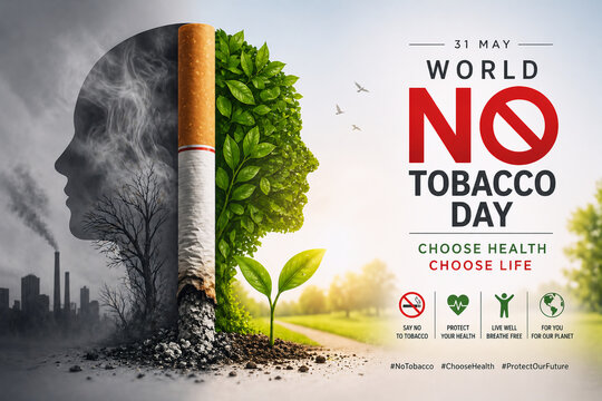 world no tobacco day poster with contrasting imagery of cigarette and greenery
