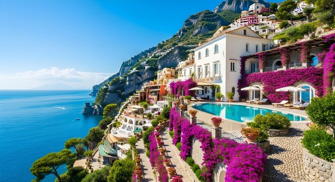 luxury villa resort on cliffside overlooking ocean with blooming bougainvillea