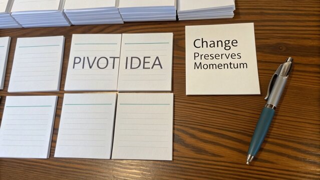 Creative workspace with index cards on wooden table featuring ideas on pivoting and change encouraging innovation and forward thinking in projects.