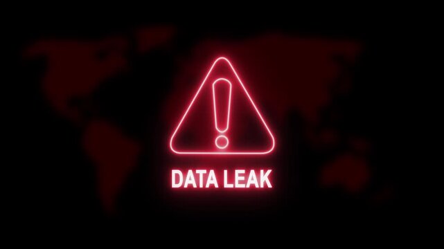 Urgent data leak warning sign with glowing red neon hazard symbol and map background, for cybersecurity breach, digital privacy threat, network security alert, and global information, theft concept