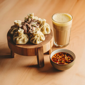 Georgian cuisine, delicious dumplings, served with sauce and drink, on wooden table