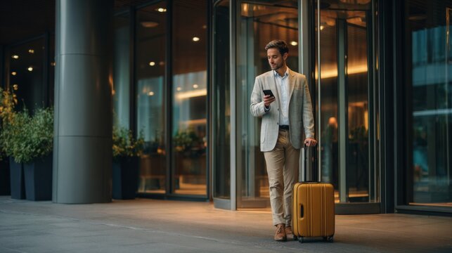 Stylish businessman standing outside modern hotel entrance with smartphone and yellow luggage, ready for business trip or vacation, city lifestyle concept