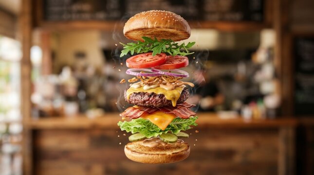 Gourmet burger ingredients floating in mid air perfectly layered render