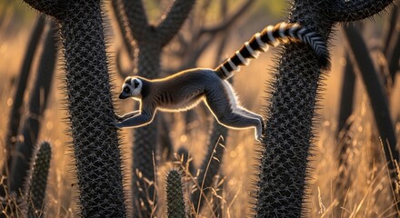 Fototapeta premium Ring-tailed lemur jumping between cactus plants in desert