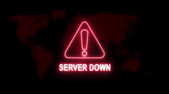 Glowing red neon server down warning sign with pulsing alert triangle and blurred global map background, for cybersecurity breach, network failure, technical, error, and digital, system outage concept