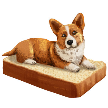 a corgi is lying on big bread