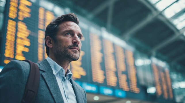 Confident business professional at airport contemplating travel plans while looking at departure board with flight information in blurred background