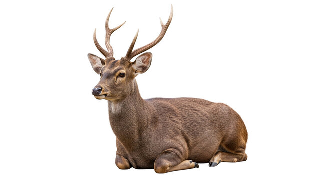 A realistic model of a seated brown deer with large antlers on transparent background