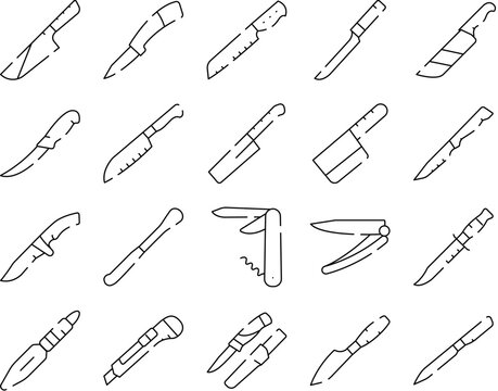 Collection of various knives and blades, including kitchen, utility, hunting, folding, and multi tool designs for chopping, cutting, and slicing tasks