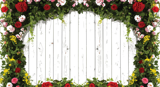 Floral frame vector background featuring wooden plank texture with lush roses, leaves and garden flowers border in rustic decorative style