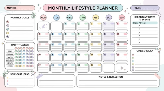Aesthetic pastel monthly planner template for organizing lifestyle goals, daily tasks, and self-care routines for improved productivity
