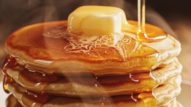 Pouring syrup over a stack of hot pancakes with melting butter and steam