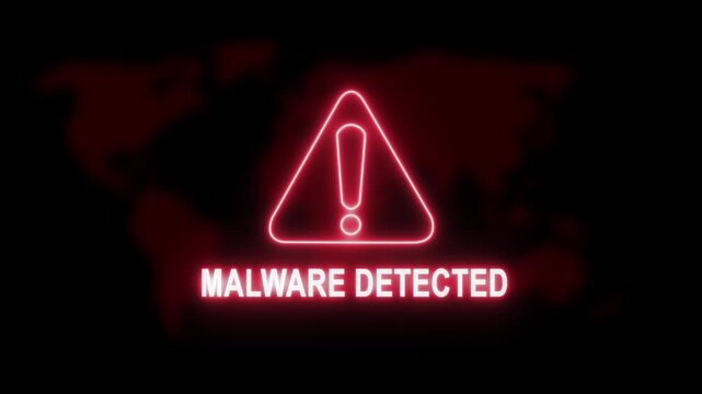 Cyber security alert featuring a glowing red warning triangle and malware detected text overlay against a dark digital map background, representing global network threats, data breaches, and hacking