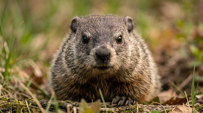 Close up portrait of a woodchuck groundhog emerging from its burrow in the grass during spring