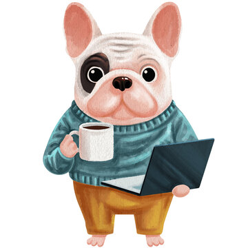 french bulldog holds a hot mug and working with a laptop
