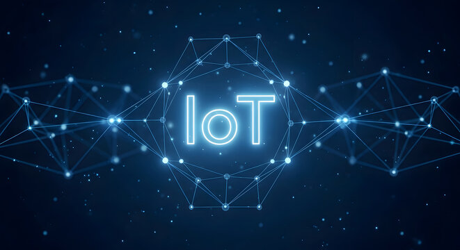Glowing IoT text surrounded by polygonal network nodes representing the Internet of Things and smart connectivity