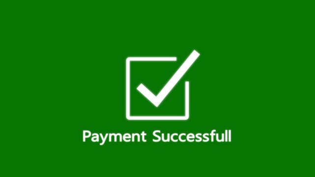 white check mark icon with payment successful text animation on green background.
