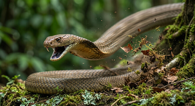 &nbsp;A high-action, side-profile shot of a King Cobra launching forward in a defensive strike. Its mouth is partially open, revealing the short, fixed fangs. 
