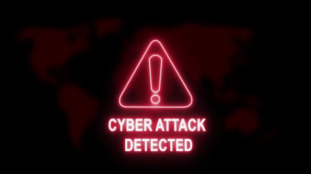 Urgent cyber attack detected warning sign flashing on a digital map background, representing global network security breach, data theft, hacking threat, and online information system vulnerability