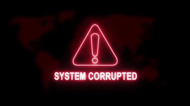 System corrupted warning alert with glowing red neon triangle and digital map background, for cybersecurity breach, data theft, hacker, attack, network failure, and global internet, security concept